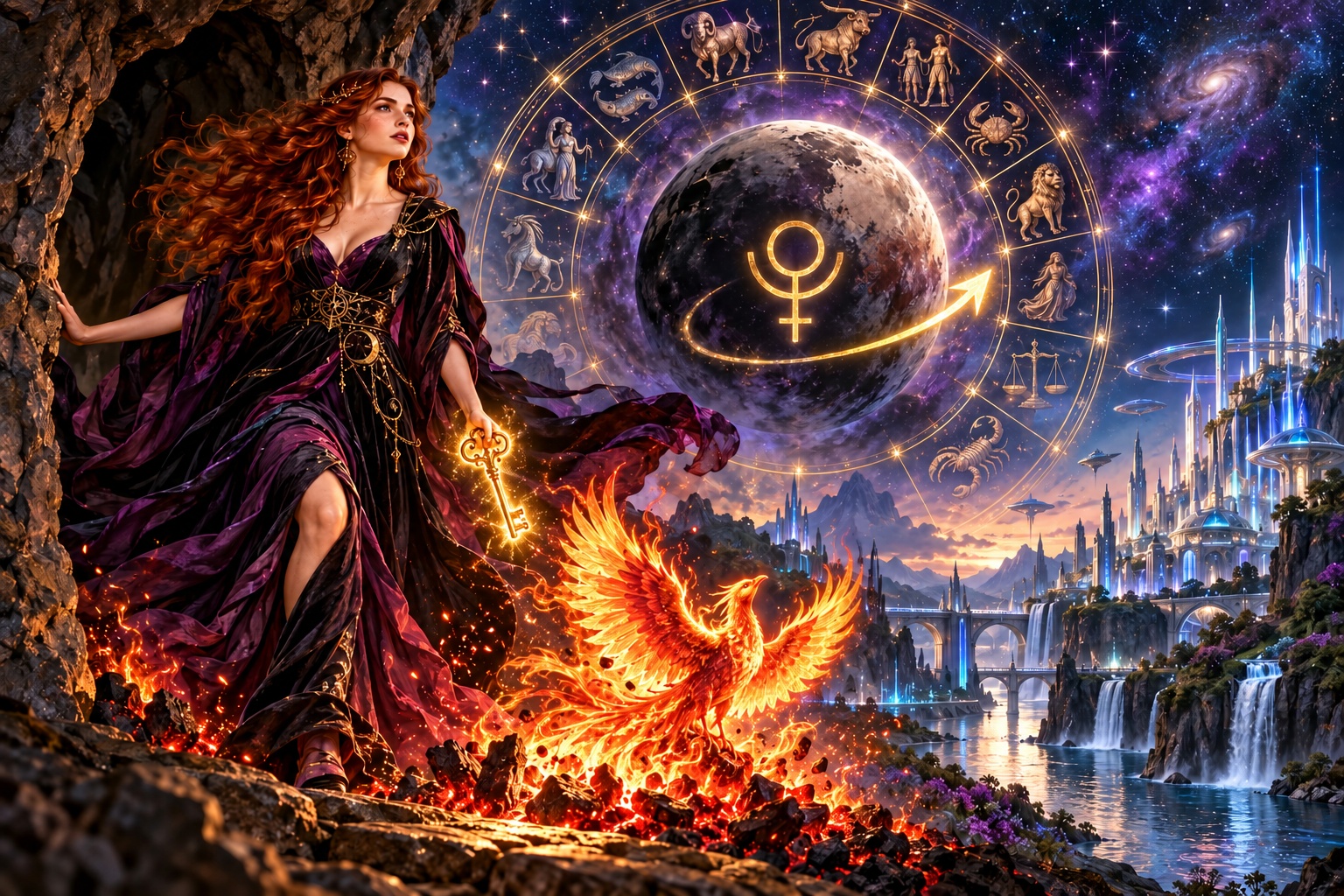 Ilustrace k článku: Pluto se obrací do přímého směru – žena s klíčem vychází z jeskyně, fénix a planeta Pluto ve zvěrokruhu